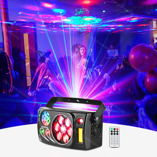 6-in-1 RGBW Laser Strobe Light with DMX/Remote for house Disco Party Stage